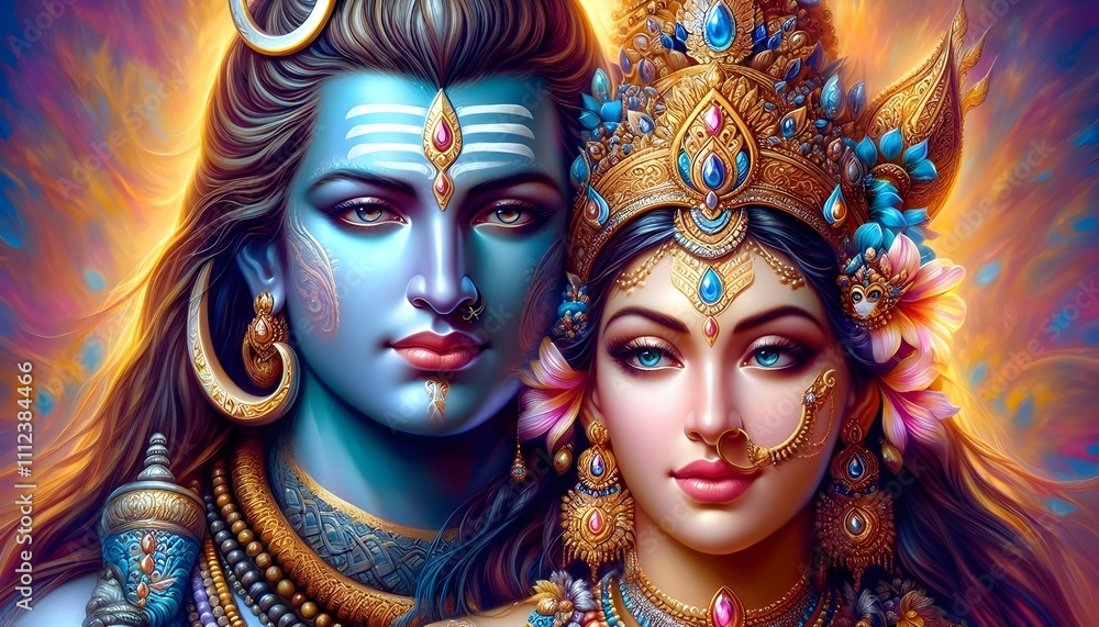 Obraz premium Ethereal Couple Shiva and Parvati in a Radiant Colors of Serenity and Detail