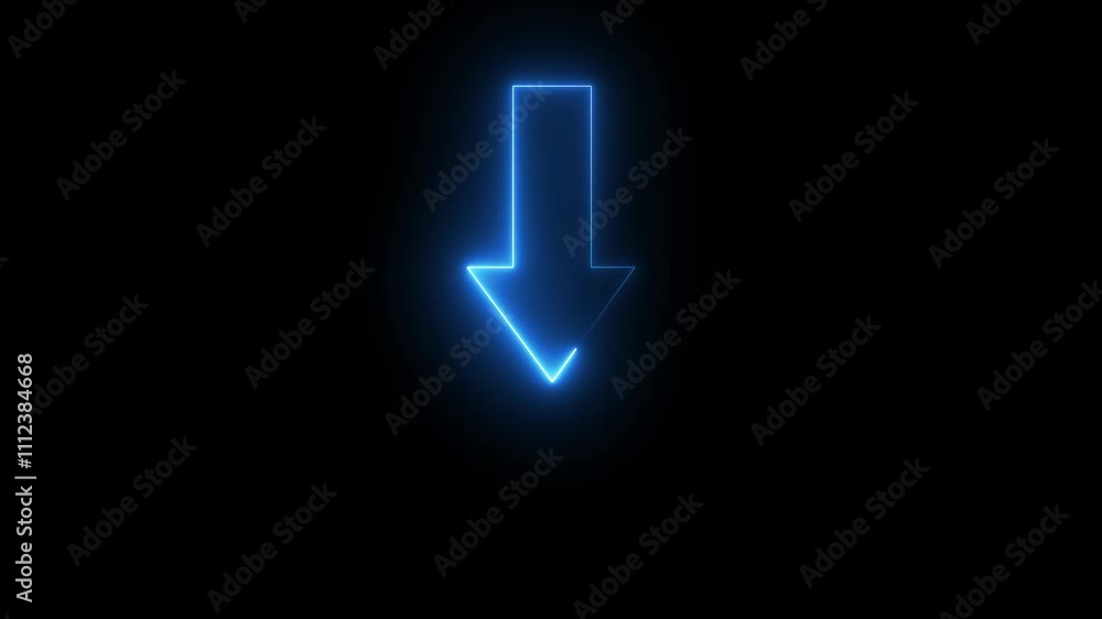 black background Neon arrow glowing Directional sign arrow points to the down blue color icon. black background Neon arrow glowing Directional sign arrow points to the down blue color icon.