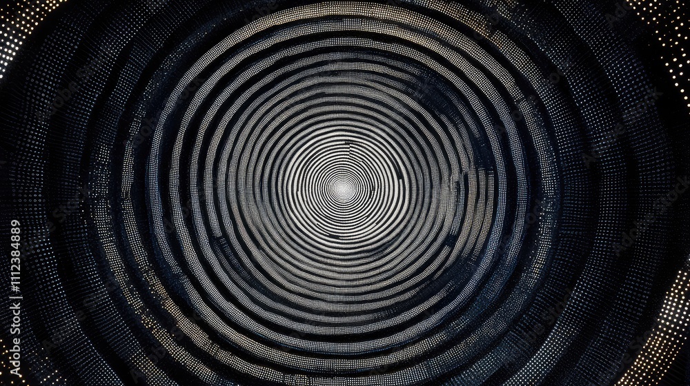 A series of concentric circles made of small pixel dots, transitioning from black to white to create a sense of movement and space A series of concentric circles made of small pixel dots, transitioning from black to white to create a sense of movement and space