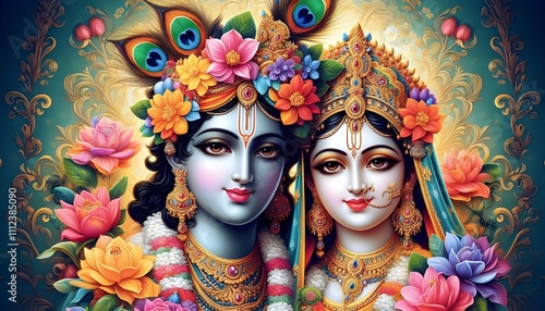 Floral Divinity Krishna and Radha’s Portrait Infused with Color and Grace