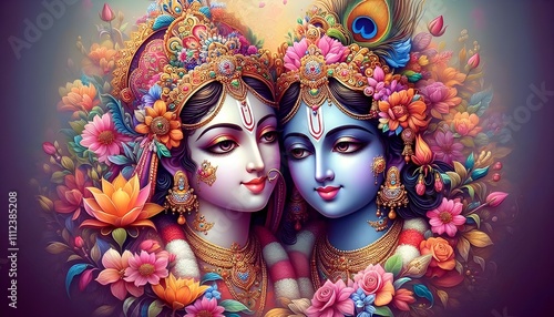 Divine Romance Krishna and Radha’s Artistic Portrait with Beautiful Flowers