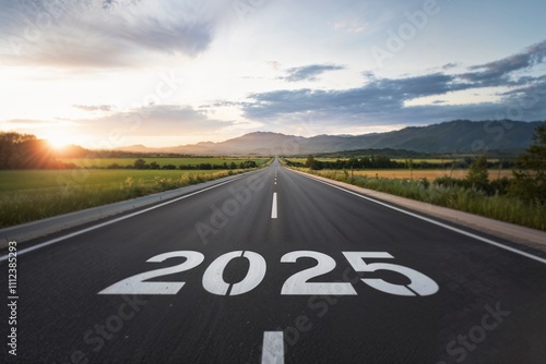 2025 Goal plan action, Business target and growth strategy. New year resolution and challenge. 2025 on the road in the middle of asphalt road with at sunset forward and planning to the goal