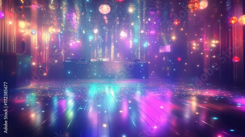 Vibrant Dance Floor with Colorful Lights and Reflections in a Modern Party Atmosphere Ideal for Nightclubs, Events, and Entertainment Venues Capturing the Essence of Celebration