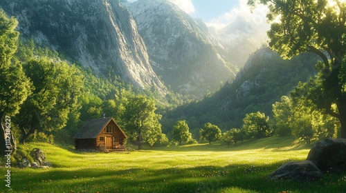 A rustic wooden cabin sits amidst a lush green meadow, nestled in the shadow of towering snow-capped mountains. Sunlight streams through the trees, creating a peaceful and serene atmosphere.