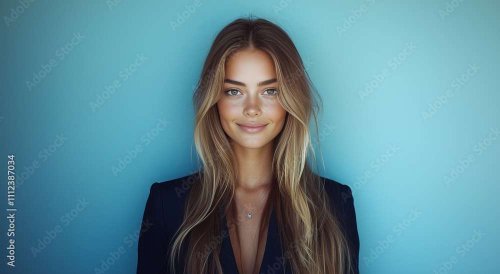 Fototapeta premium Confident business woman with long hair posing against a soft blue backdrop in a professional setting