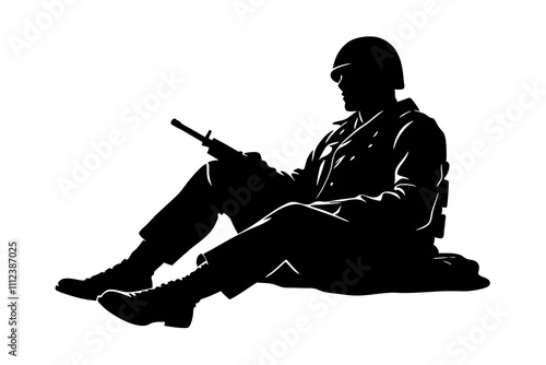 Silhouette of a Soldier Resting with Rifle.