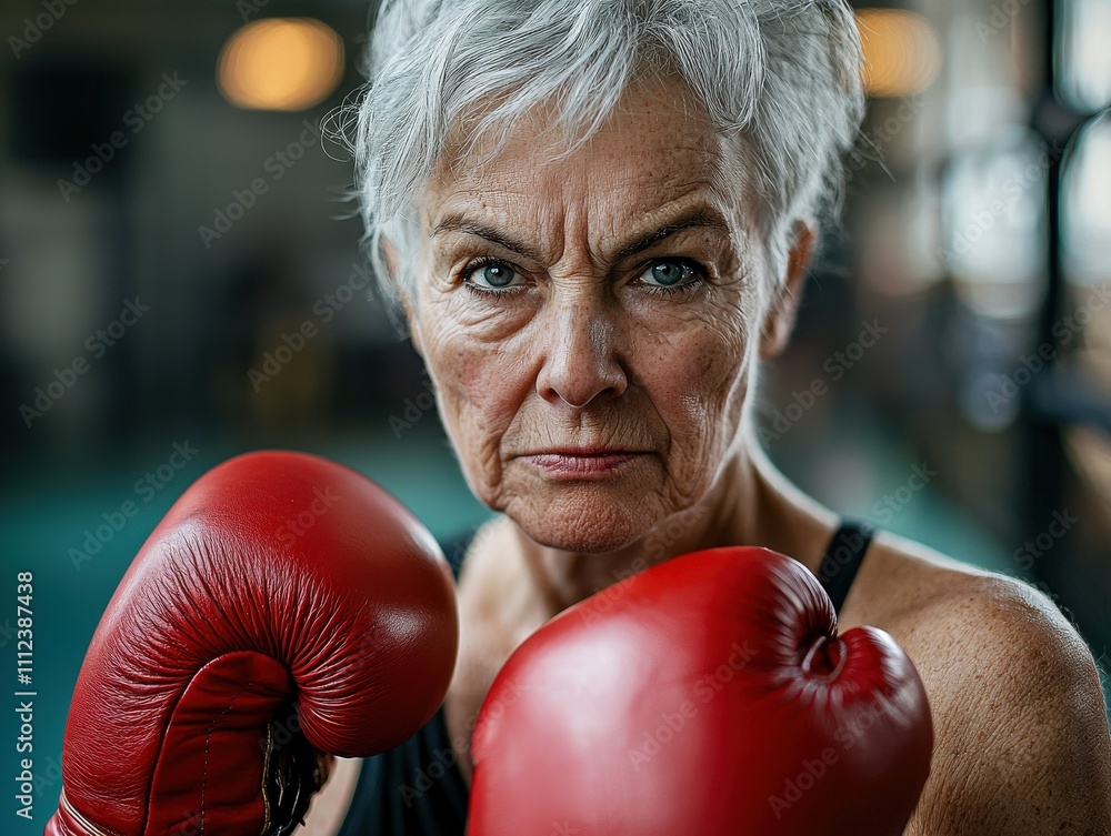 A proud grandmother with silver hair and a determined expression, wearing red boxing gloves and standing tall in a boxing ring, radiating strength and resilience A proud grandmother with silver hair and a determined expression, wearing red boxing gloves and standing tall in a boxing ring, radiating strength and resilience