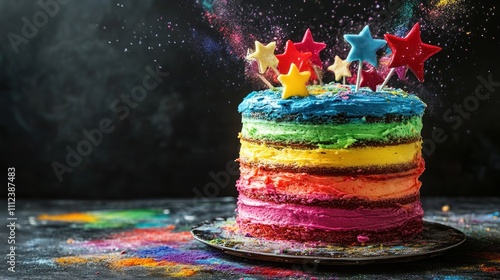 Brightly colored rainbow cake with star decorations photo