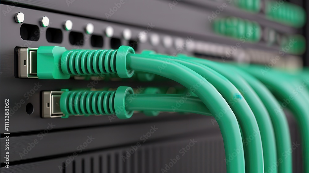 Fiber optic ensures strong support. Close-up of green network cables connected. Fiber optic ensures strong support. Close-up of green network cables connected.