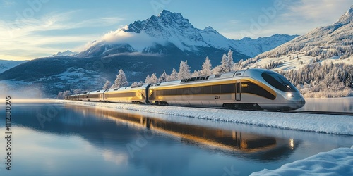 modern silver and gold train moving on winter days with beautiful snow mountain and lake background  photo