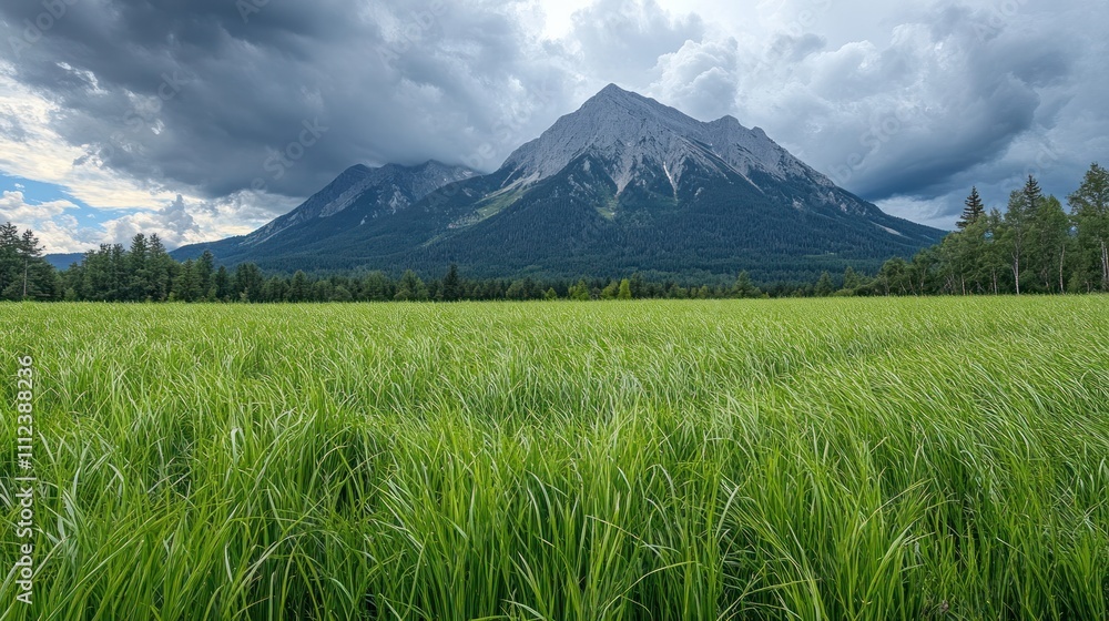 A lush green meadow with tall grass blowing in the wind, framed by a majestic mountain with dramatic clouds overhead. A lush green meadow with tall grass blowing in the wind, framed by a majestic mountain with dramatic clouds overhead.