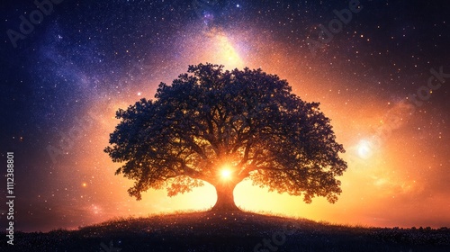 Majestic oak tree silhouetted against a vibrant, cosmic sunset. photo