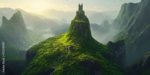 a magical mountain with a tower, liminal space, fairytale vibe, green forrest at the bottom with a wizard tower on top, mystical afternoon magical vibe, vibrant colors photo