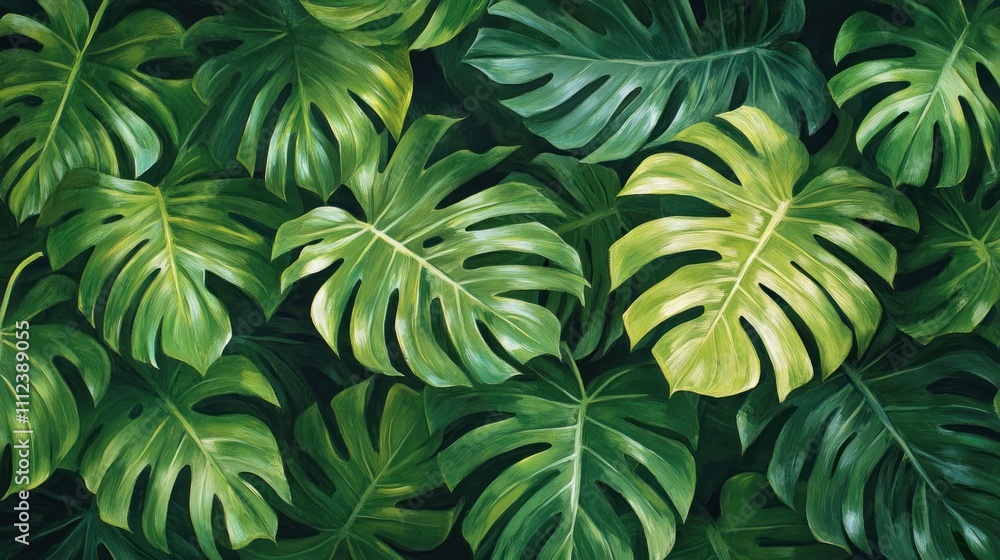 Lush green tropical leaves background with deep green tones and a close-up view. Lush green tropical leaves background with deep green tones and a close-up view.