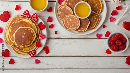 Valentines or Mothers Day brunch corner border. Top down view on a white wood banner background. Heart shaped pancakes, eggs and a variety of love themed food. photo