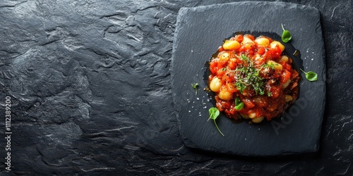 Gnocchi with tomato sauce on dark slate board, highlighted textures, top view, room for text. photo