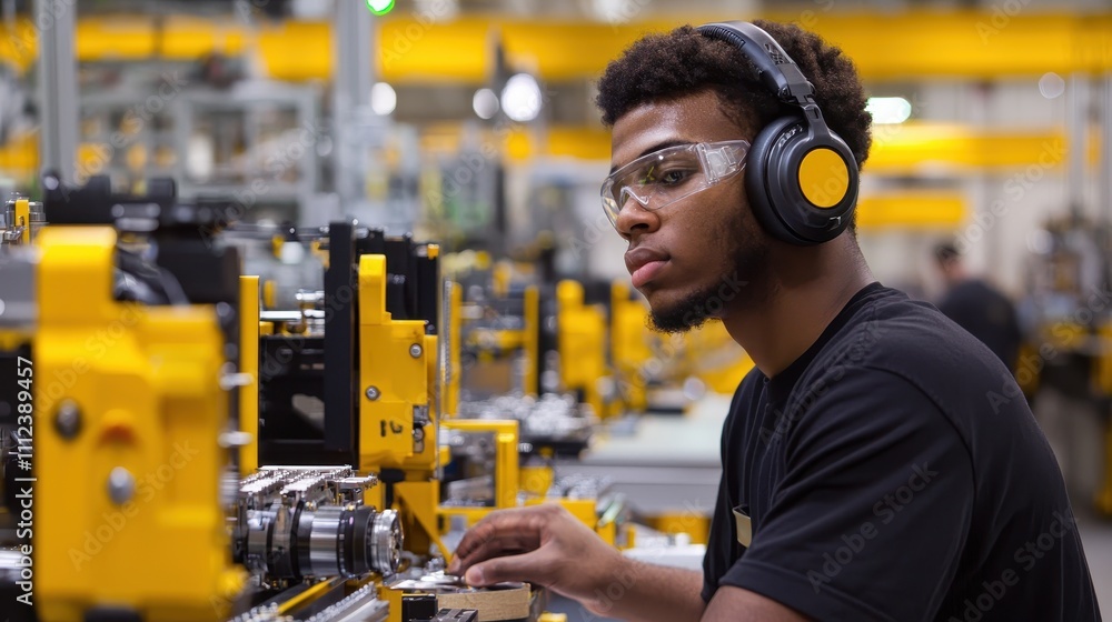 Focused worker with headphones operating machinery in industrial setting for productivity Focused worker with headphones operating machinery in industrial setting for productivity