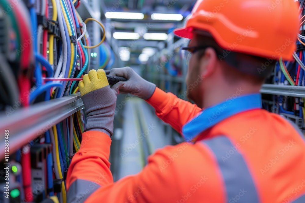 Fiber optic ensures strong support. Electrician working on wiring in a facility Fiber optic ensures strong support. Electrician working on wiring in a facility