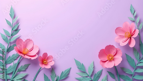 Beautiful spring flowers on green background with copy space. Papercut style,Pink paper flowers on a pink background,Colorful flowers on purple background