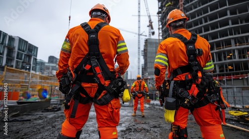 Close-up view construction workers review innovative safety gear on urban site