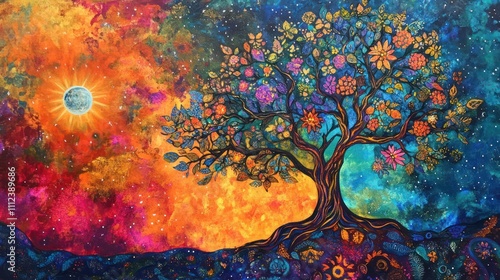 Vibrant cosmic tree of life painting with sun and moon, colorful flowers and intricate roots against a fiery and starry night sky.
