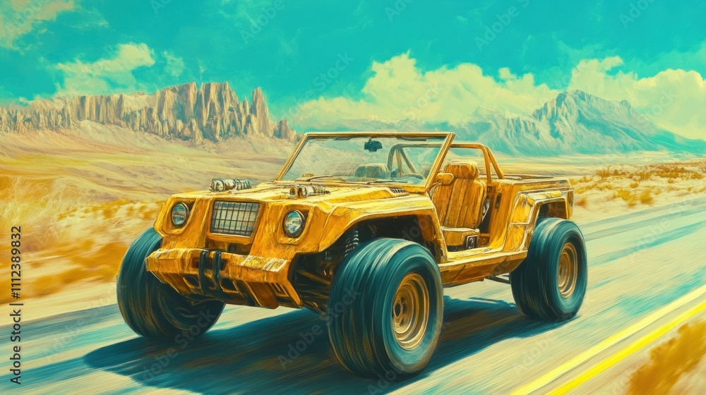 Vibrant Yellow Off-Road Vehicle Driving Through a Desert Landscape Under a Blue Sky with Mountains in the Background Vibrant Yellow Off-Road Vehicle Driving Through a Desert Landscape Under a Blue Sky with Mountains in the Background