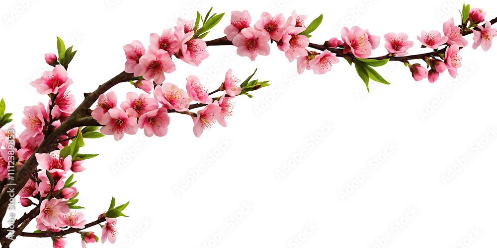 Fototapeta premium Peach tree branch adorned with pink flowers along the corner border, set on a white background.AI GENERATED