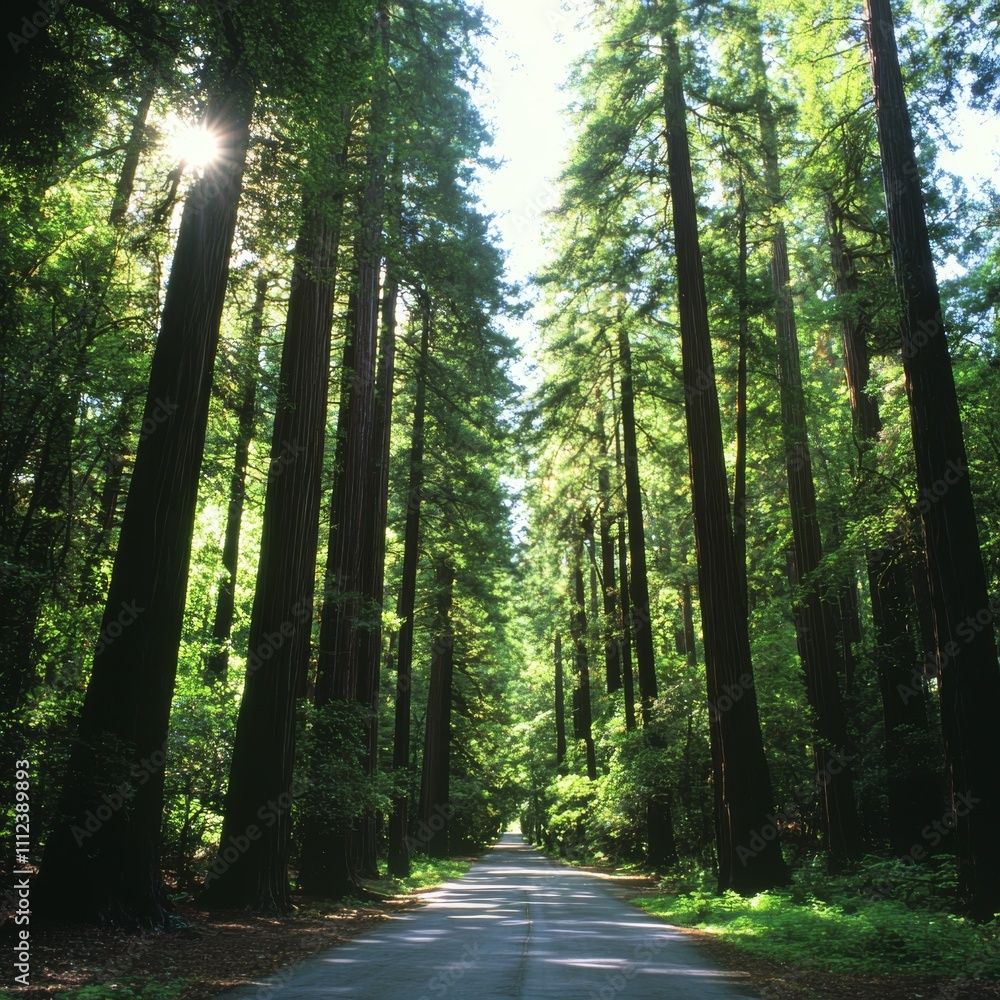 Obraz premium Sunlit Path Through Redwood Forest Canopy in California