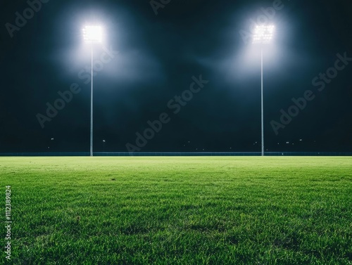 Wide-angle view of a cricket pitch glowing under floodlights at night, showcasing lush green grass and a clear dark sky, with ample space on the right for text photo