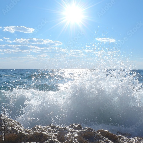 Sunlit Ocean Wave Crashing on Rocky Shore, Bright Day