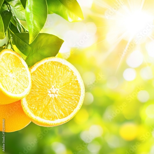 Sunlit Orchard with Juicy Orange Slices and Lush Leaves