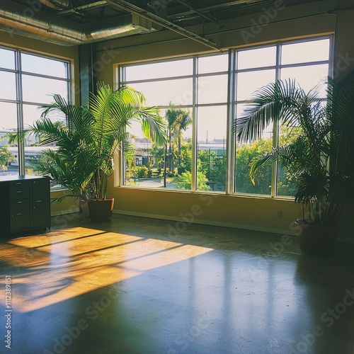 Sunlit Office Space with Large Windows and Tropical Plants