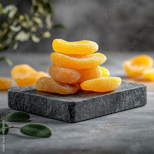 Sweet Dehydrated Apricots Stacked on Dark Stone