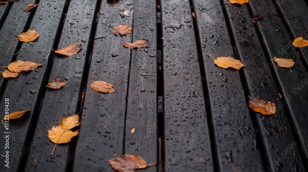 Fototapeta premium Autumn Leaves on Wet Wooden Deck