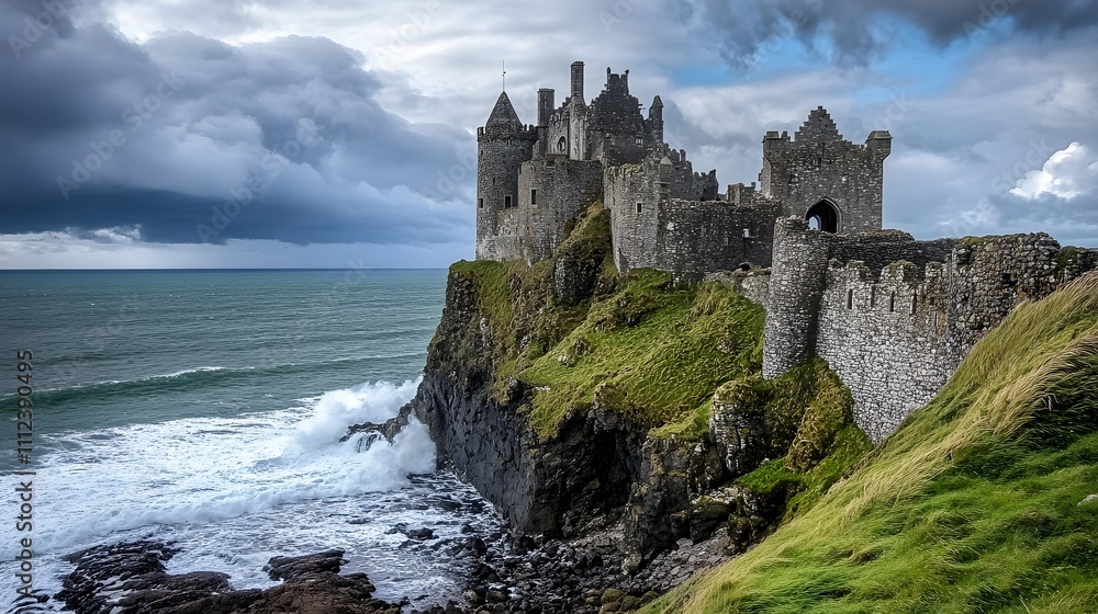 An ancient castle on a cliffside overlooking the ocean, with waves crashing below and storm clouds gathering in the sky An ancient castle on a cliffside overlooking the ocean, with waves crashing below and storm clouds gathering in the sky