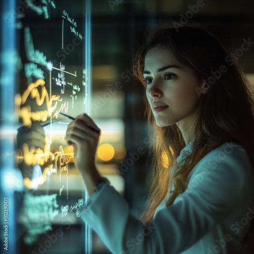 Innovative young woman working on interactive digital screen with illuminated graphics, technology and creativity concept photo