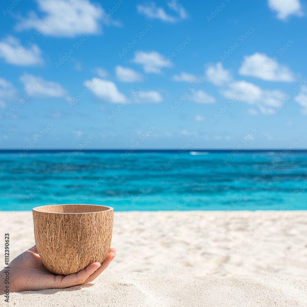 Tropical Beach Relaxation with Coconut Shell Bowl Tropical Beach Relaxation with Coconut Shell Bowl