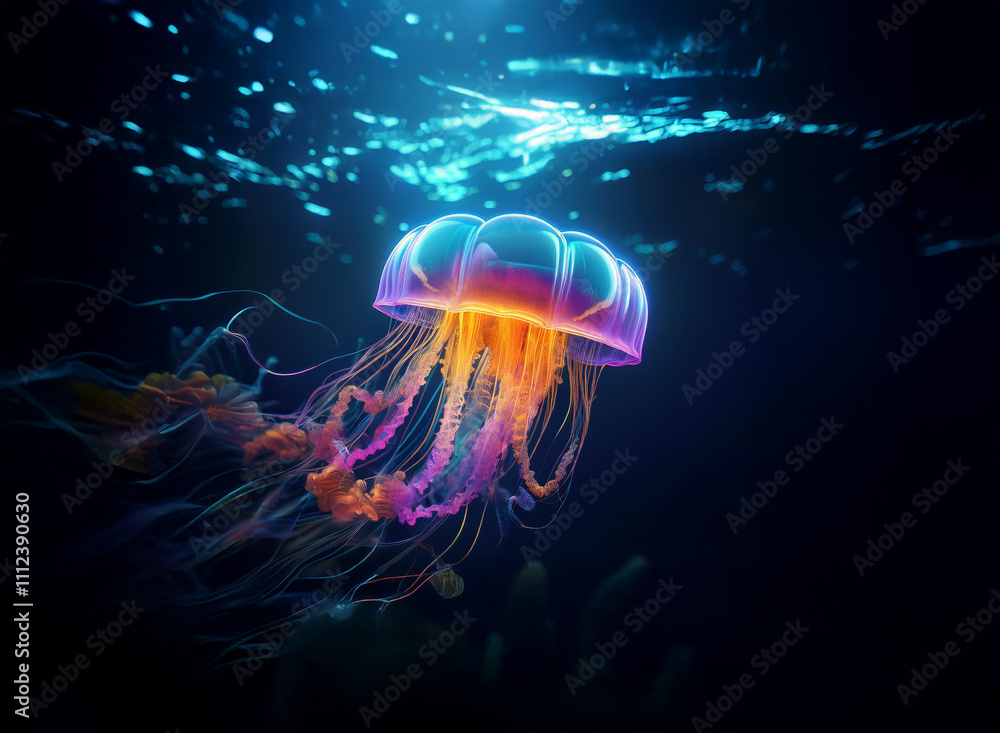 A bioluminescent jellyfish gracefully floats in the deep ocean, its vibrant tentacles trailing in the dark water. Sunlight filters from above, illuminating the creature's ethereal beauty. A bioluminescent jellyfish gracefully floats in the deep ocean, its vibrant tentacles trailing in the dark water. Sunlight filters from above, illuminating the creature's ethereal beauty.