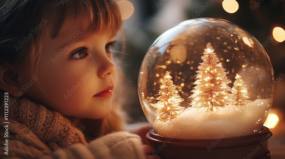 Naklejka premium A child gazing in wonder at a glowing snow globe _0040