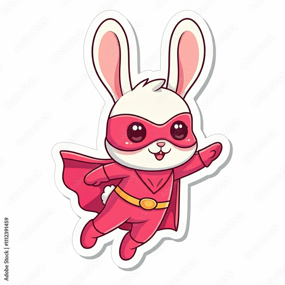 A chibi superhero rabbit in a pink suit, using its long ears to fly, in sticker style on a white background.
A chibi superhero rabbit in a pink suit, using its long ears to fly, in sticker style on a white background.