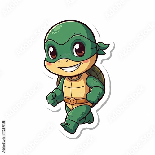 A chibi superhero turtle in a green suit, slowly but surely moving forward, with a determined smile, in sticker style with a white background.
