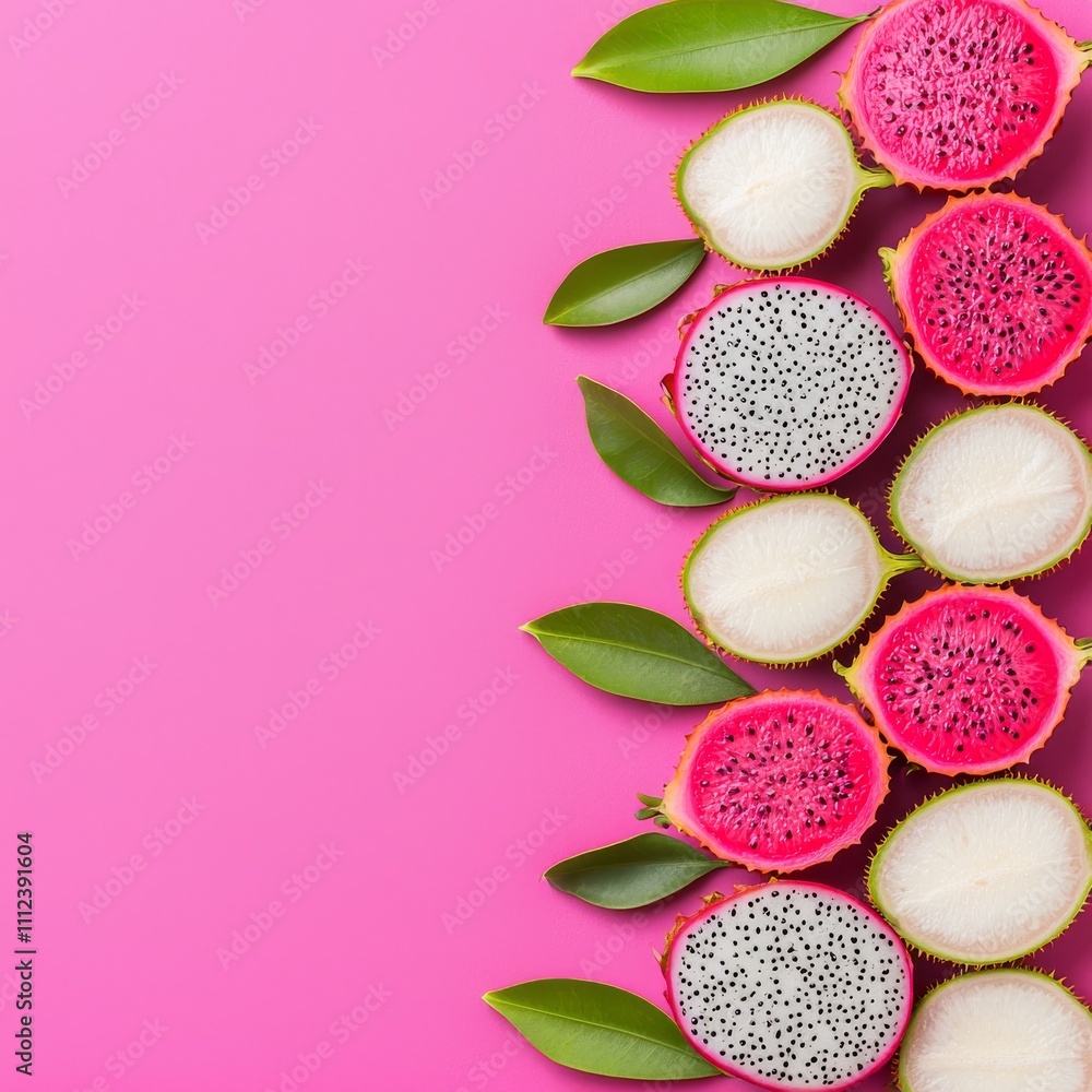 Vibrant Dragon Fruit Slices with Green Leaves on Pink Background Vibrant Dragon Fruit Slices with Green Leaves on Pink Background