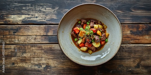 Spezzatino beef stew with hearty vegetables on rustic ceramic dish, wooden surface, top view, text space included. photo