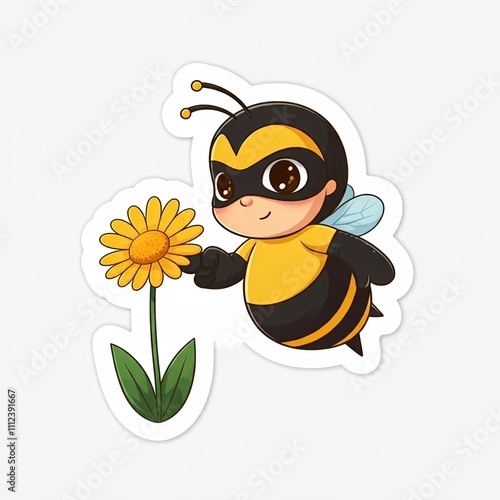 A chibi superhero bee with a yellow and black suit, buzzing around flowers, in sticker style with a white background.
