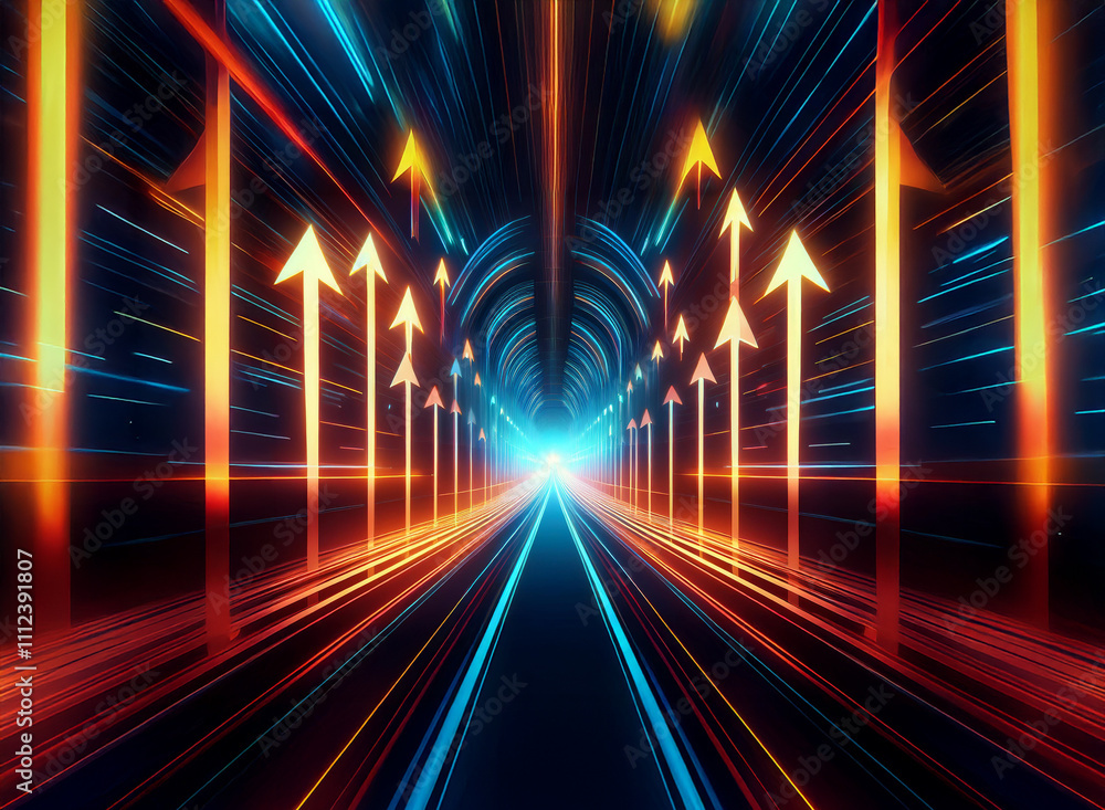 Abstract digital art depicting a glowing tunnel of light with upward ...