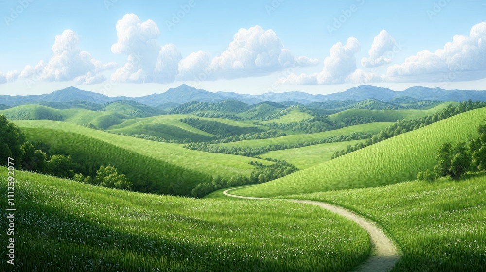 A winding dirt road leads through a picturesque valley with rolling green hills and a clear blue sky with fluffy white clouds. A winding dirt road leads through a picturesque valley with rolling green hills and a clear blue sky with fluffy white clouds.