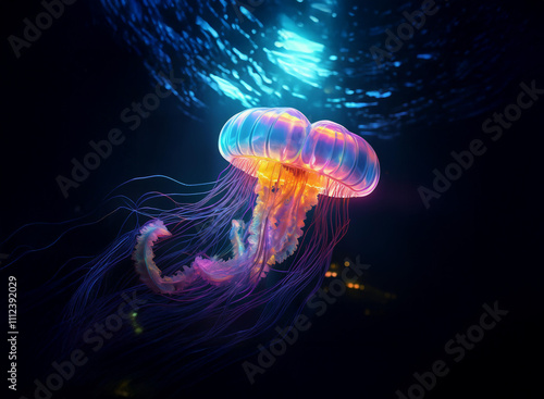 A bioluminescent jellyfish gracefully floats in the deep ocean, its vibrant, translucent bell and long tentacles illuminated by an ethereal glow. The dark water swirls around it, creating a mesmerizi