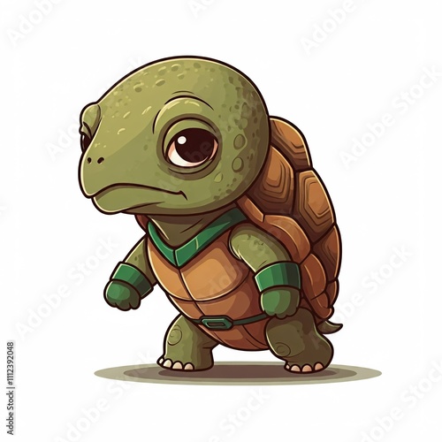 A chibi superhero tortoise in a brown and green suit, walking slowly but steadily with a determined look, sticker style on a white background.
