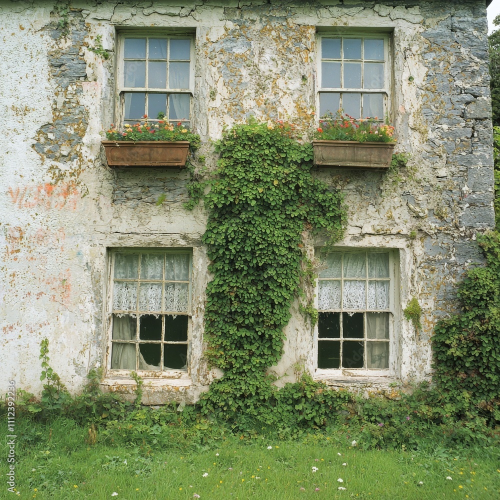 Weathered Stone House with Ivy and Window Boxes Weathered Stone House with Ivy and Window Boxes