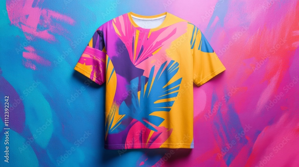 Front view of T-shirt mockup showcasing apparel customization featuring vibrant artwork on a clean shirt with realistic fabric folds and smooth textures in a professional setting Front view of T-shirt mockup showcasing apparel customization featuring vibrant artwork on a clean shirt with realistic fabric folds and smooth textures in a professional setting